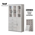 Wide grey book cabinet with glazed doors, drawers and lower cupboards