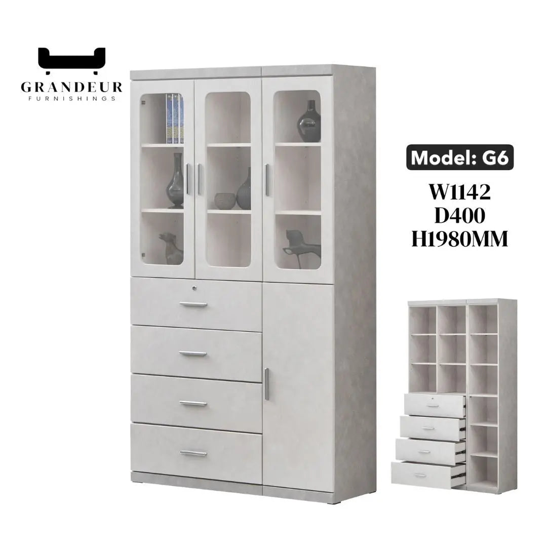 Elegant Light Grey Bookcase Display Cabinet with Glass Doors, Drawers & Shelves Grandeur Furnishings