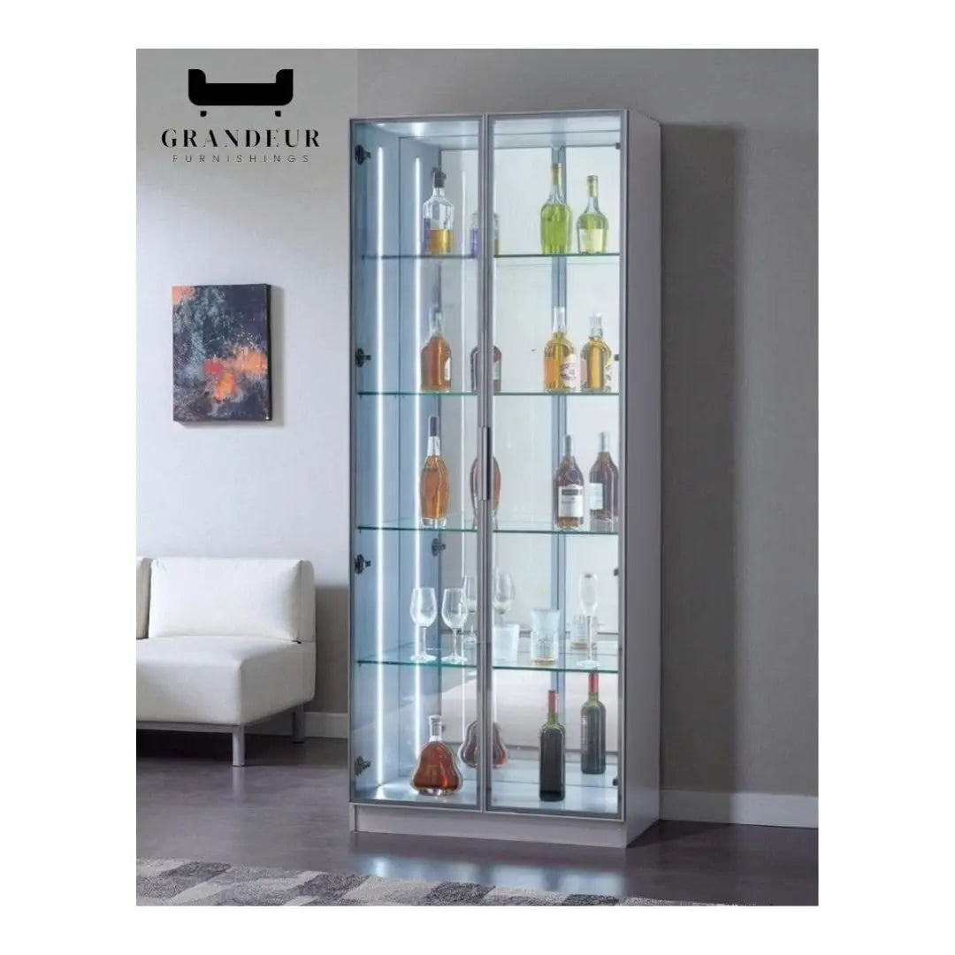 Glass Showcase Display Cabinet with LED & Mirror Back Grandeur Furnishings