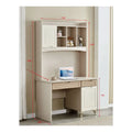 Wide beige study desk with drawers and upper shelves