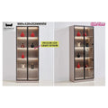 Narrow illuminated glass display cabinet with side view and dimensions