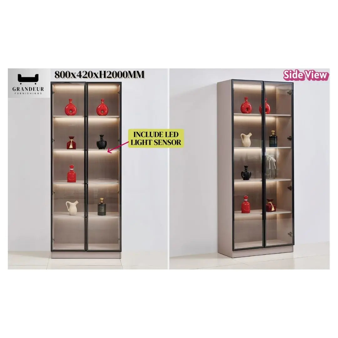 Contemporary Wood-Finish Glass Display Cabinet with LED Sensor Lighting Grandeur Furnishings