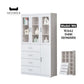 Multi-Storage Book Cabinet with Glass Doors & Drawers – White Finish Grandeur Furnishings