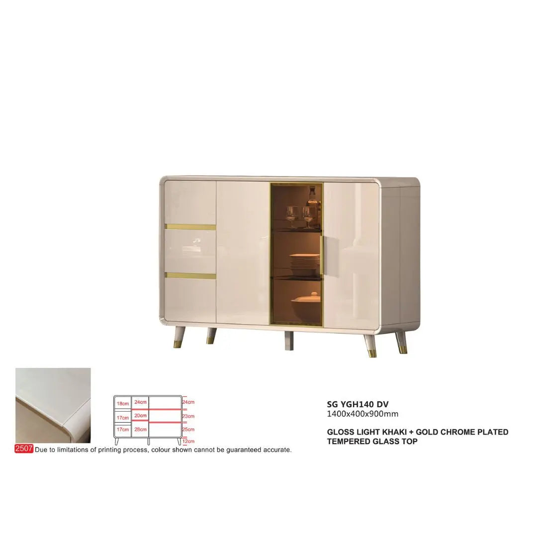 Elegant Gloss Light Khaki Side Cabinet with Gold Chrome Plated Accents & Tempered Glass Grandeur Furnishings
