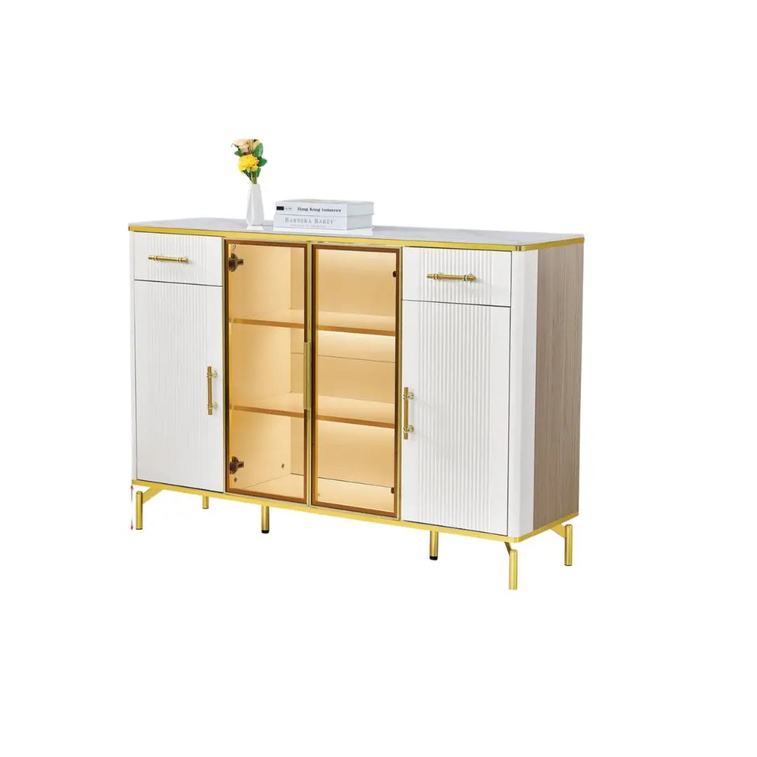 Elegant Side Cabinet with LED Lights & Sintered Stone Top – Modern Design with Glass Doors & Brass Accents Grandeur Furnishings
