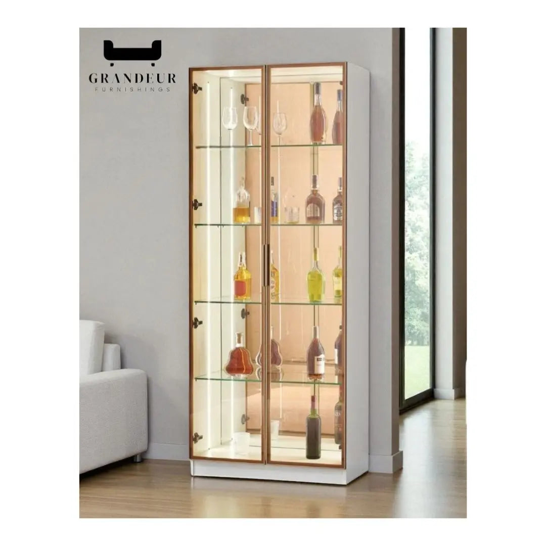 Glass Showcase Display Cabinet with LED & Mirror Back Grandeur Furnishings