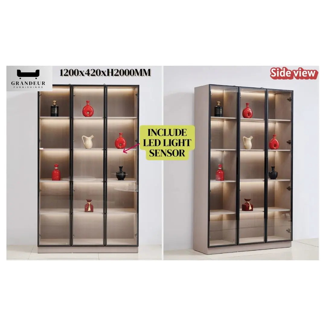 Contemporary Wood-Finish Glass Display Cabinet with LED Sensor Lighting Grandeur Furnishings
