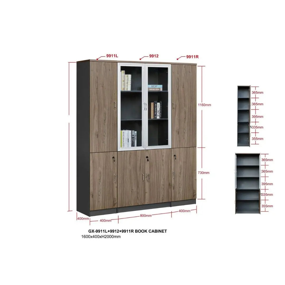 Executive Modular Bookcase | Wood Grain Office Storage Book Cabinet with Lockable Doors Grandeur Furnishings