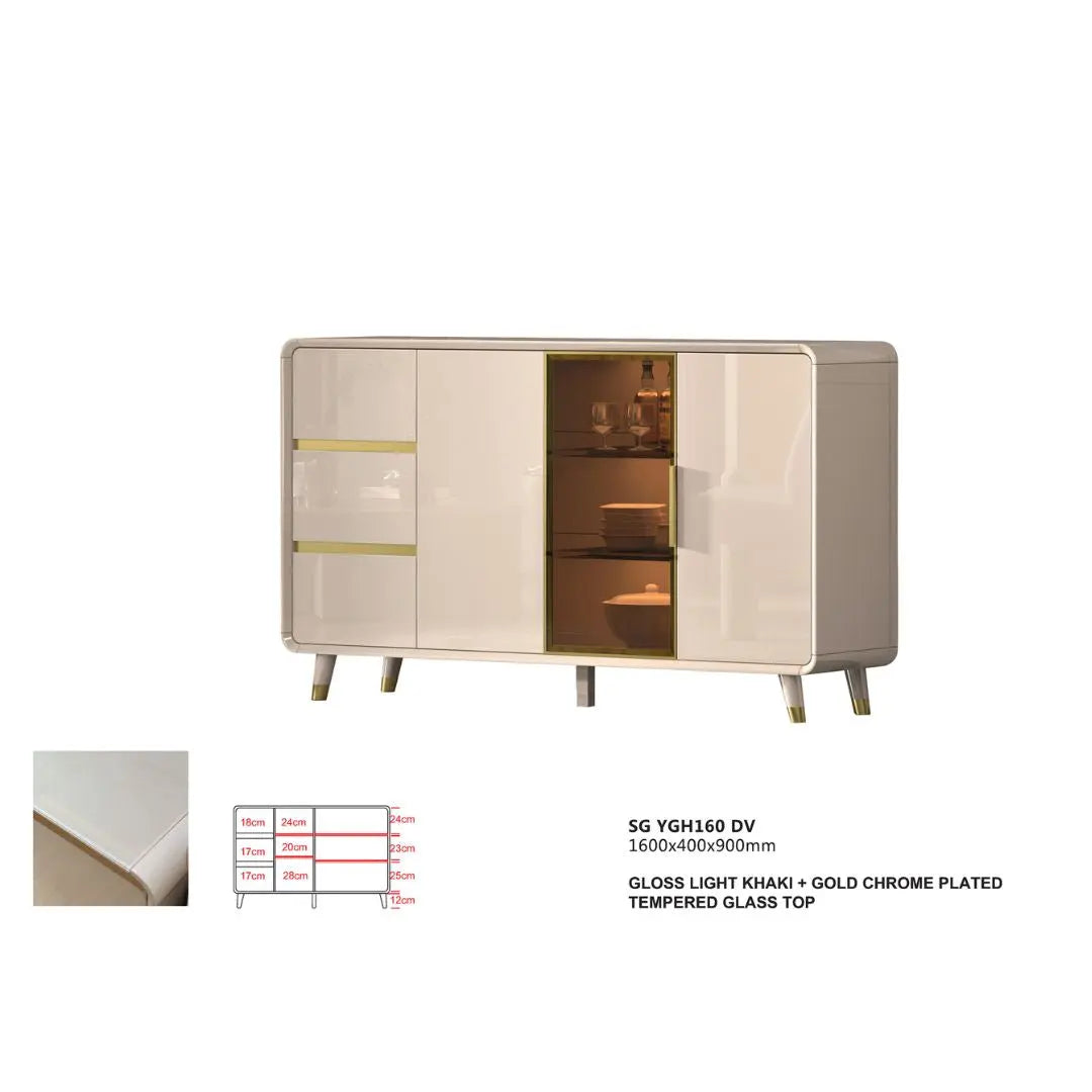 Elegant Gloss Light Khaki Side Cabinet with Gold Chrome Plated Accents & Tempered Glass Grandeur Furnishings