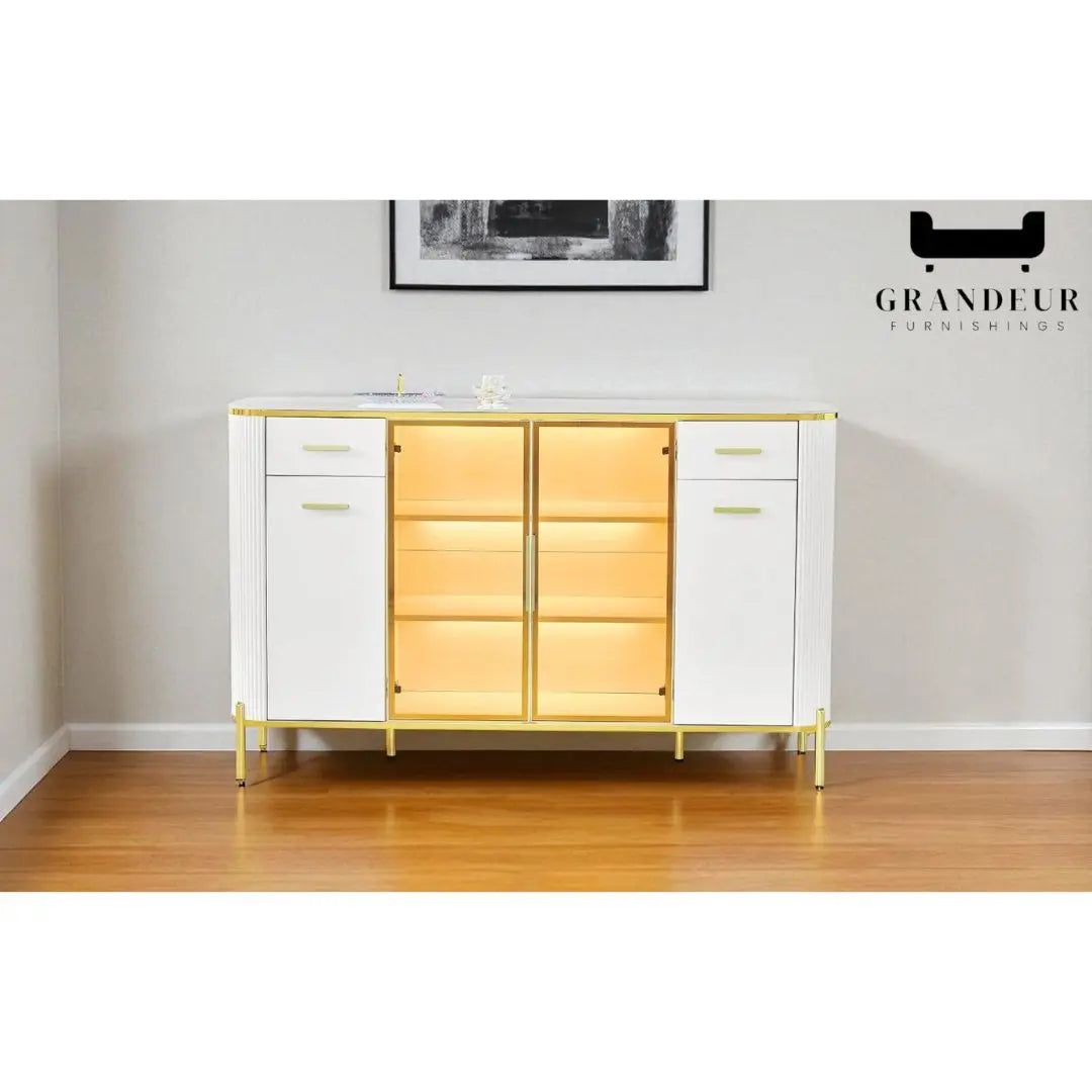 Glass Display Side Cabinet with LED Lights & Sintered Stone Top Storage Solution Grandeur Furnishings