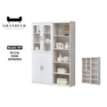 White book cabinet with glazed cupboard and open side shelves