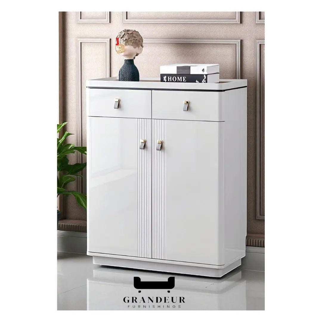 Glossy Shoe Cabinet with Glass Top Grandeur Furnishings