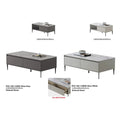 Wide grey and white coffee tables with top detail and size information