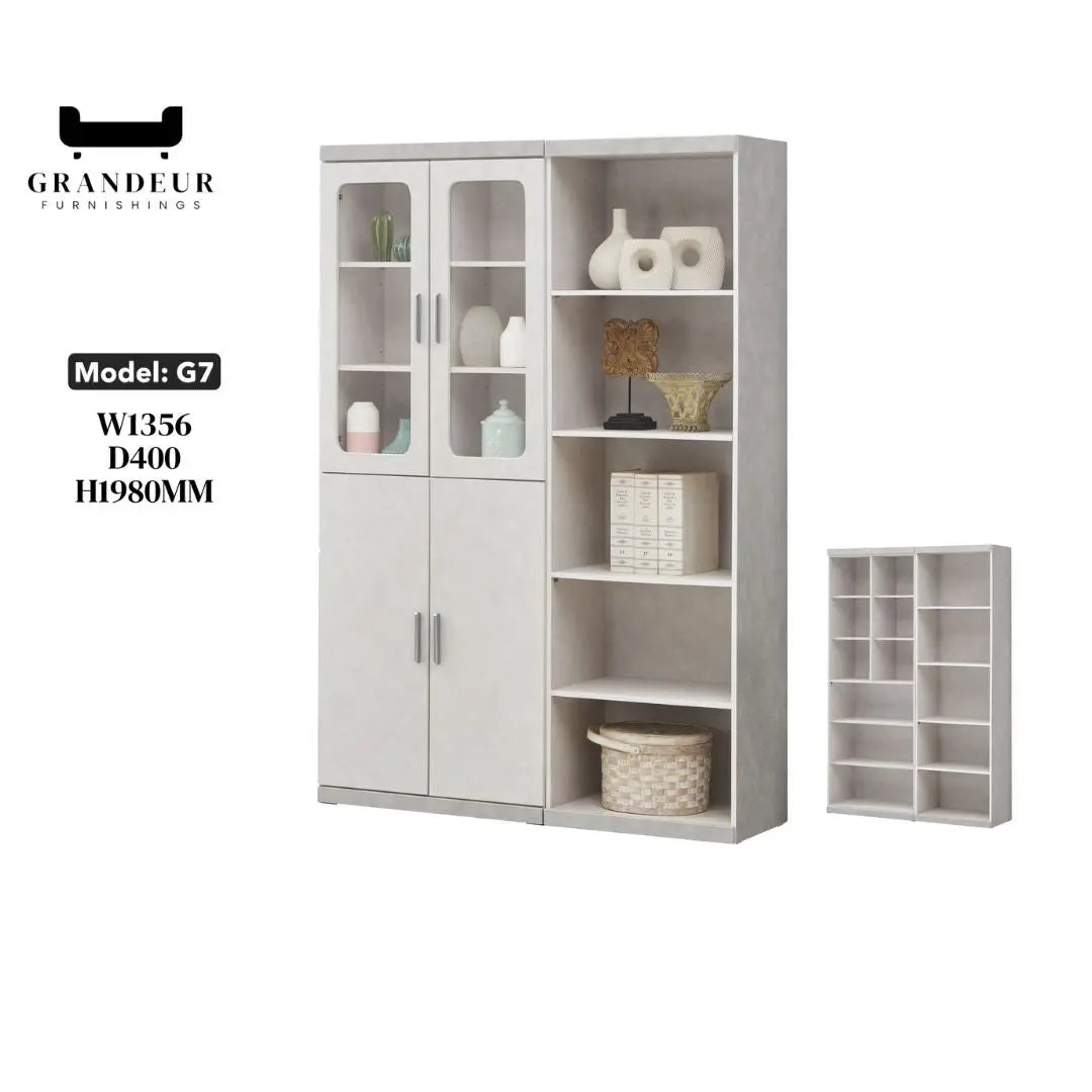 Elegant Light Grey Bookcase Display Cabinet with Glass Doors, Drawers & Shelves Grandeur Furnishings