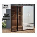 Wide glass-door and white wardrobe with drawers and dimensions
