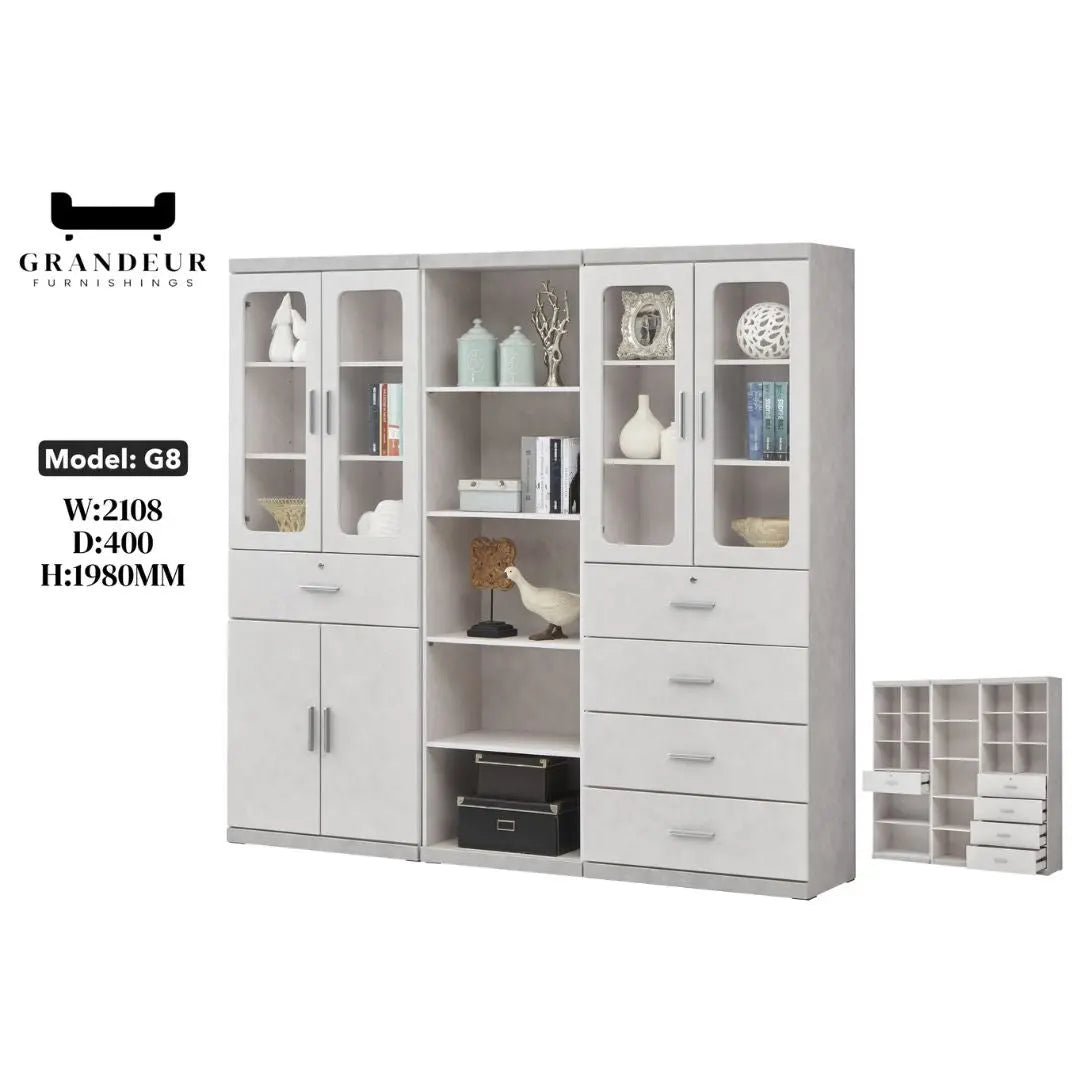 Elegant Light Grey Bookcase Display Cabinet with Glass Doors, Drawers & Shelves Grandeur Furnishings