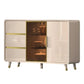 Elegant Gloss Light Khaki Side Cabinet with Gold Chrome Plated Accents & Tempered Glass Grandeur Furnishings