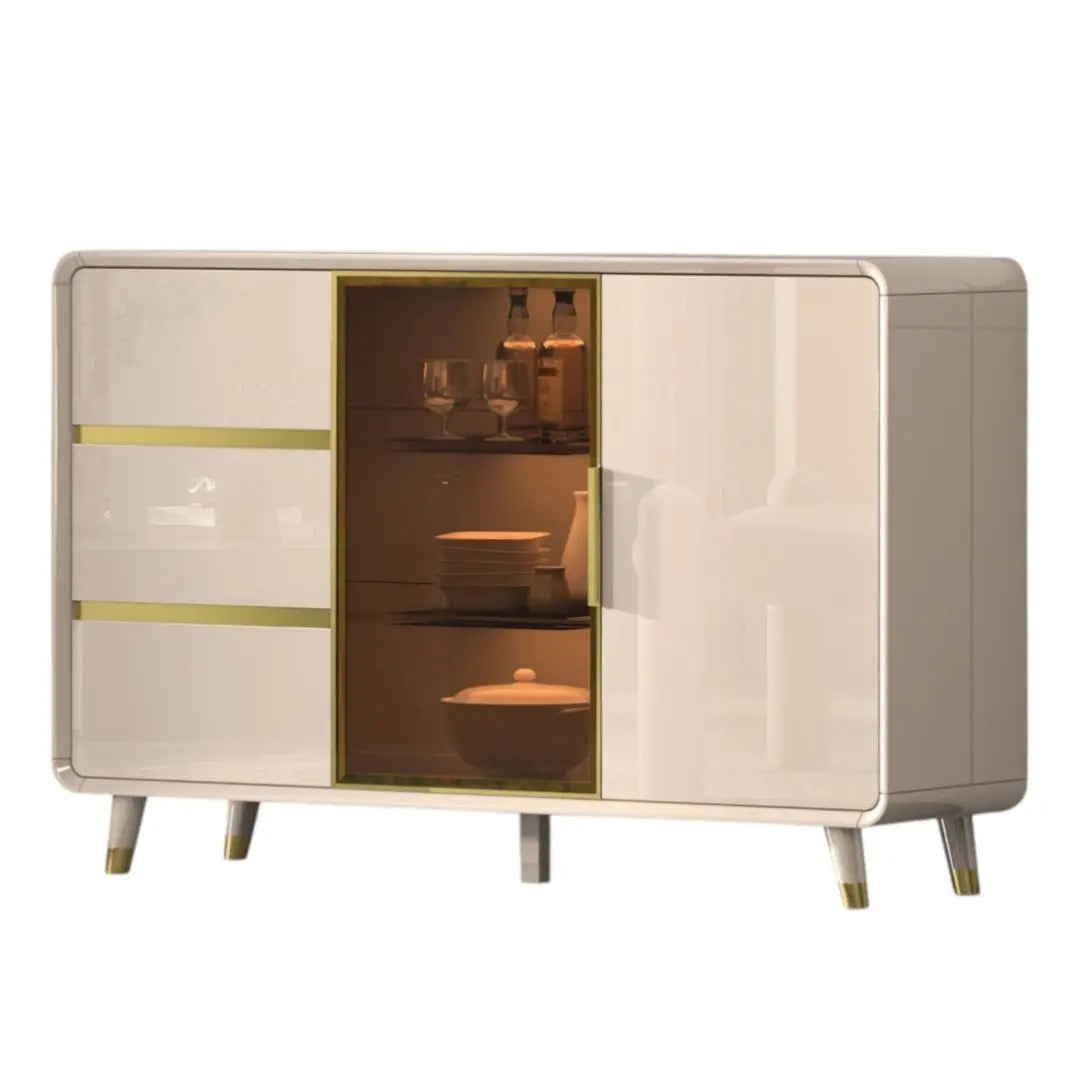 Elegant Gloss Light Khaki Side Cabinet with Gold Chrome Plated Accents & Tempered Glass Grandeur Furnishings