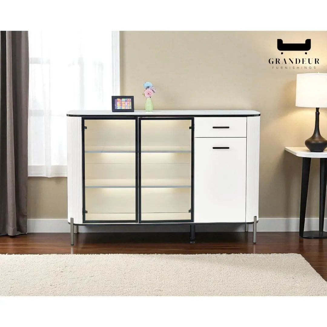 Glass Display Side Cabinet with LED Lights & Sintered Stone Top Storage Solution Grandeur Furnishings