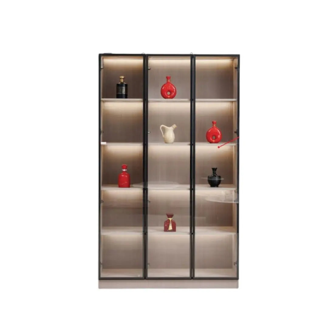 Contemporary Wood-Finish Glass Display Cabinet with LED Sensor Lighting Grandeur Furnishings