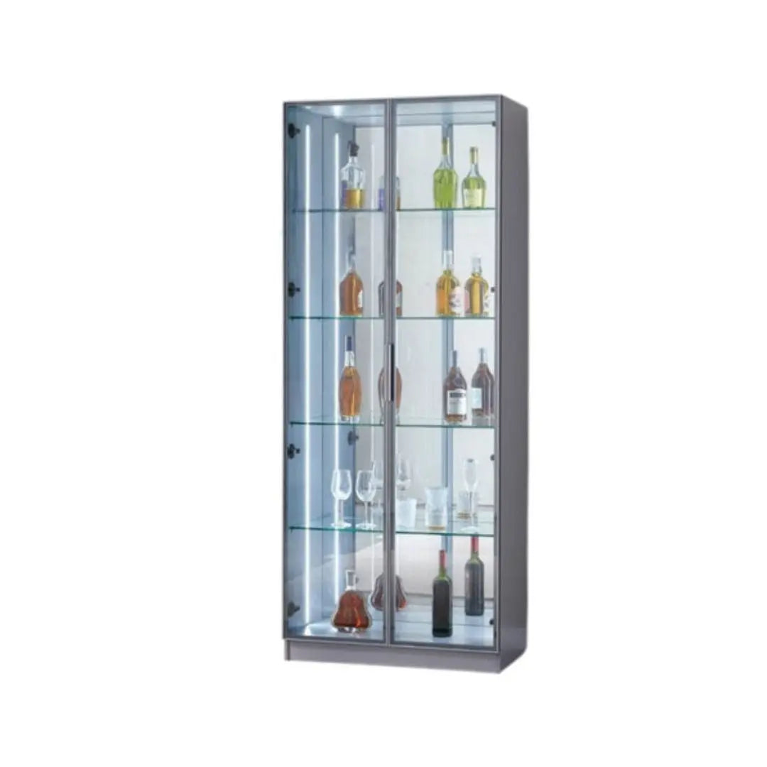Glass Showcase Display Cabinet with LED & Mirror Back Grandeur Furnishings