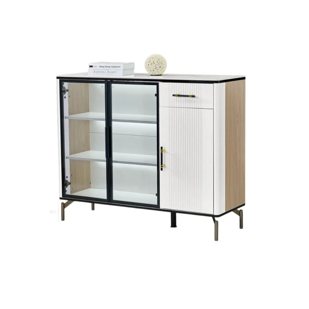 Elegant Side Cabinet with LED Lights & Sintered Stone Top – Modern Design with Glass Doors & Brass Accents Grandeur Furnishings