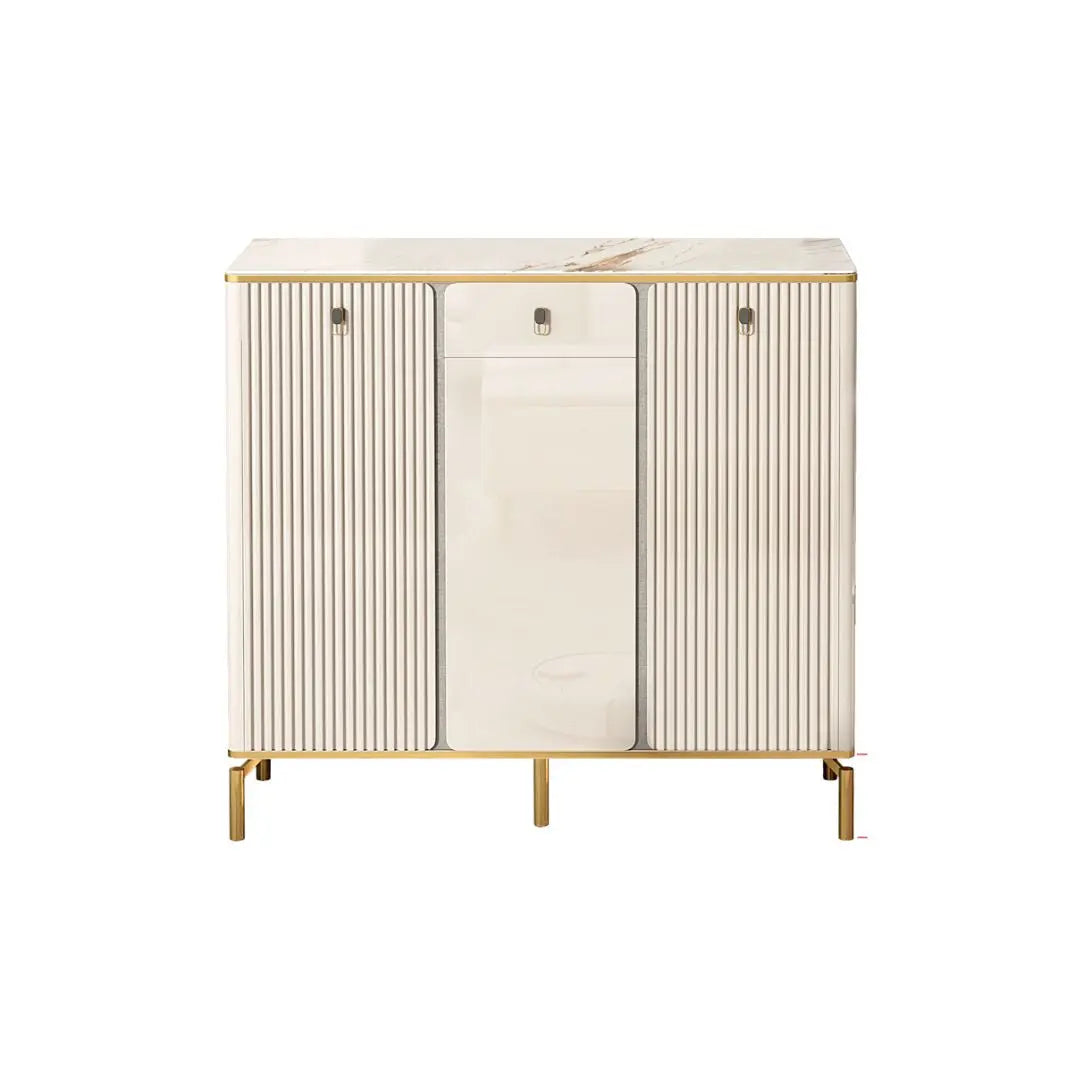 Elegant Shoe Cabinet with Gold-Plated Chrome Legs & Gloss White Sintered Stone Top Grandeur Furnishings