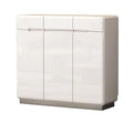 Gloss white shoe cabinet with three doors, angled view