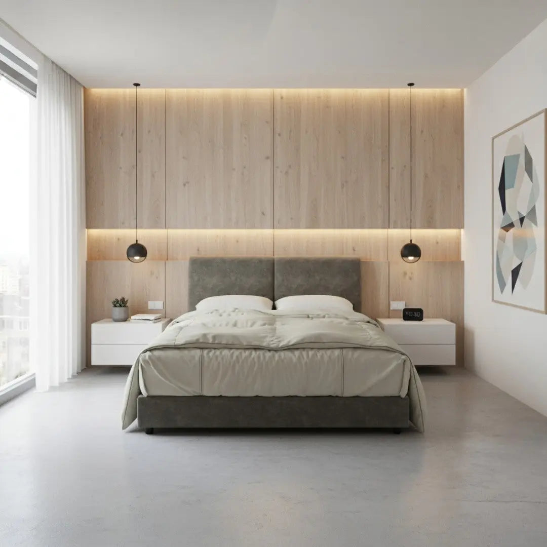 Minimalist Fabric Bed Frame with Soft Panel Headboard Grandeur Furnishings