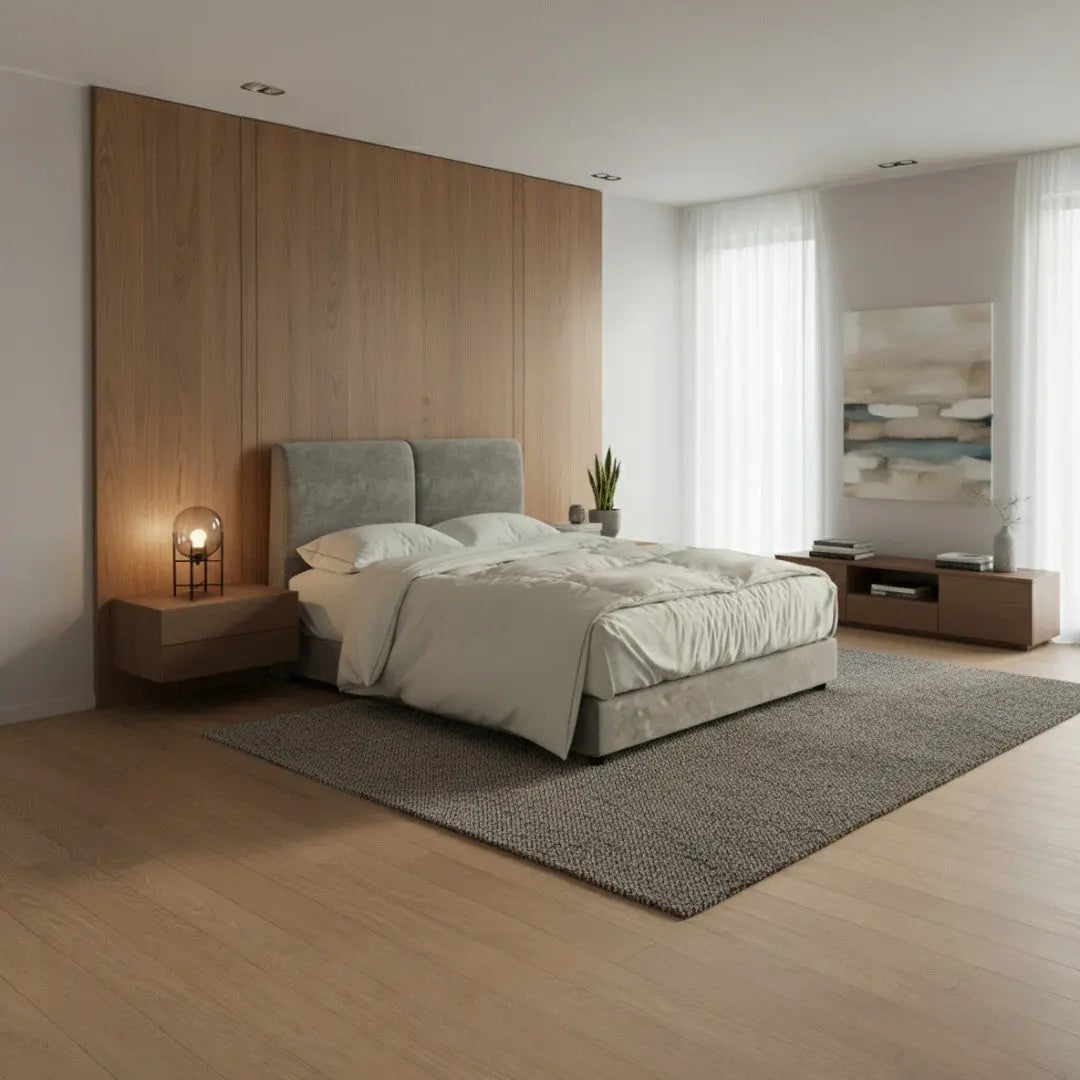 Minimalist Fabric Bed Frame with Soft Panel Headboard Grandeur Furnishings