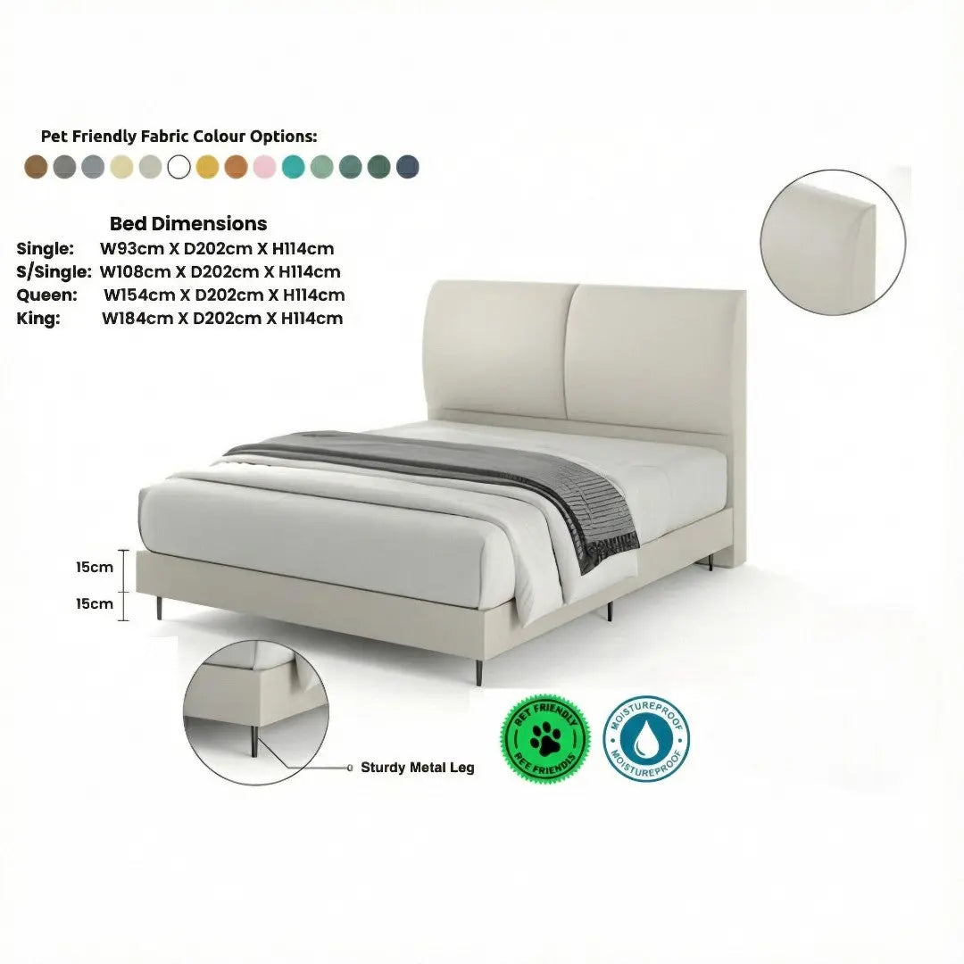 Modern Cushion Headboard Bed Frame | High Metal Legs Grandeur Furnishings