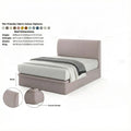 Pink upholstered bed with dimensions and feature callouts