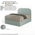 Mint upholstered bed with dimensions and fabric colour options