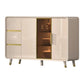 Elegant Gloss Light Khaki Side Cabinet with Gold Chrome Plated Accents & Tempered Glass Grandeur Furnishings