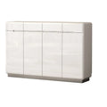 Gloss white shoe cabinet with four doors, angled view