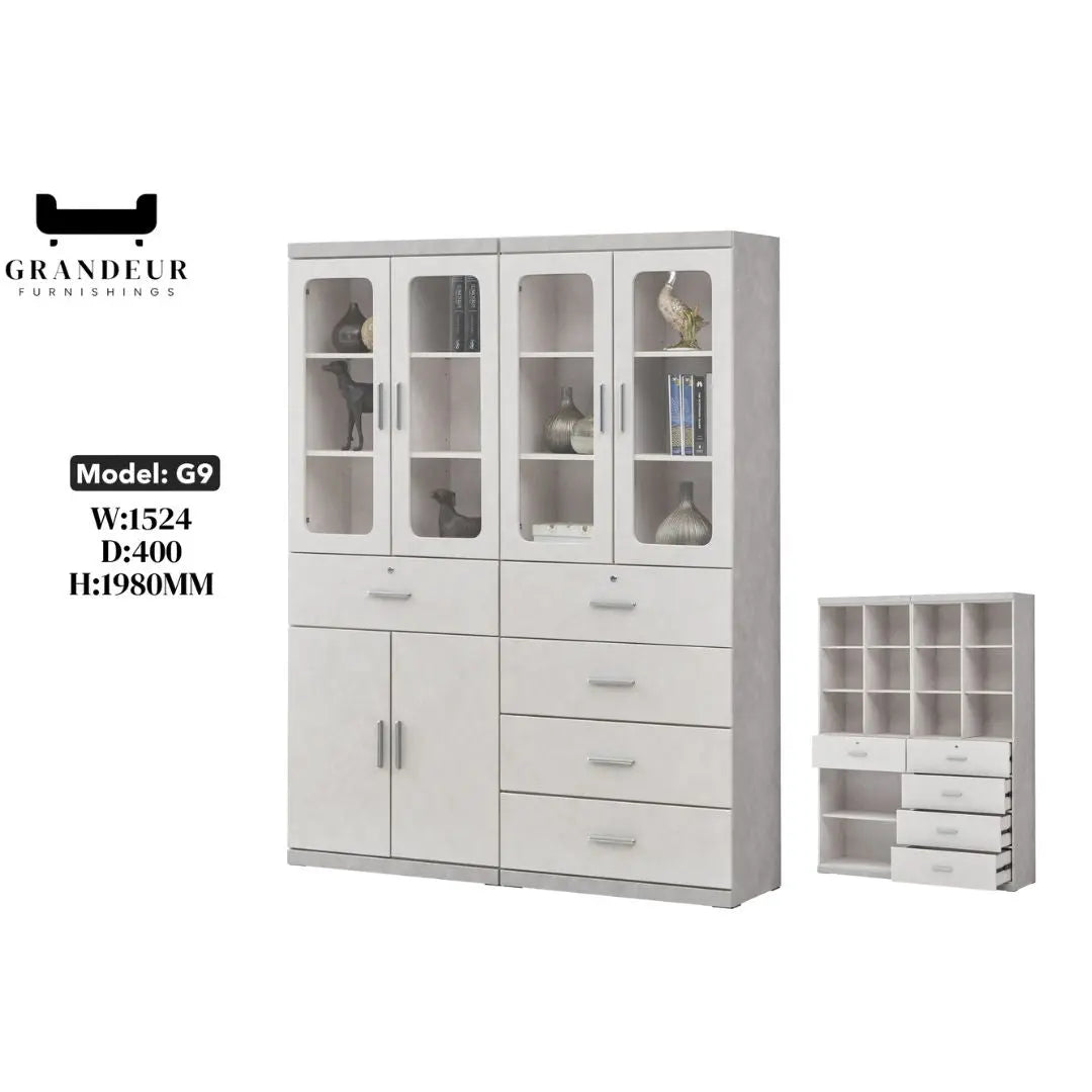 Elegant Light Grey Bookcase Display Cabinet with Glass Doors, Drawers & Shelves Grandeur Furnishings