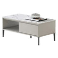 White rectangular coffee table with stone-patterned top and open shelf