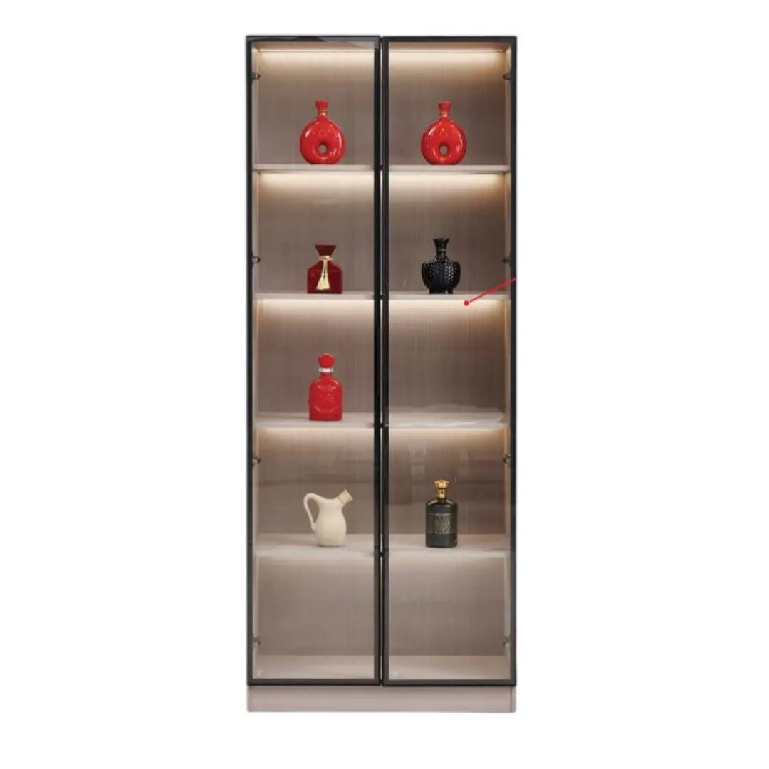 Contemporary Wood-Finish Glass Display Cabinet with LED Sensor Lighting Grandeur Furnishings
