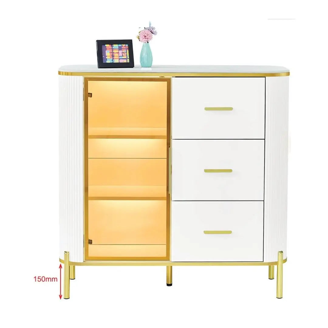 Glass Display Side Cabinet with LED Lights & Sintered Stone Top Storage Solution Grandeur Furnishings