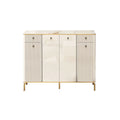 Wide white shoe cabinet with fluted doors and central drawers