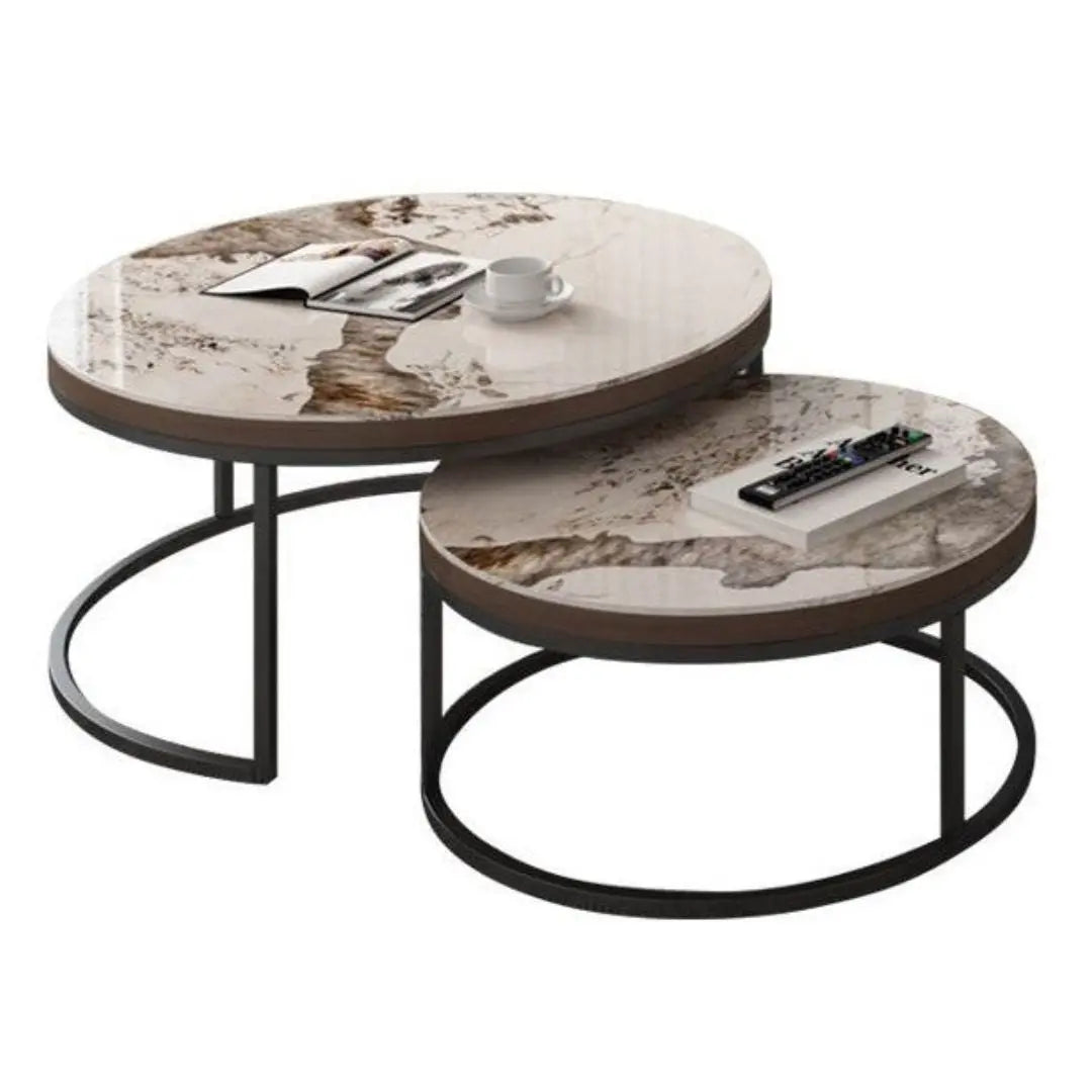 Elegant Round Nesting Coffee Table with Gloss Sintered Stone Top Grandeur Furnishings