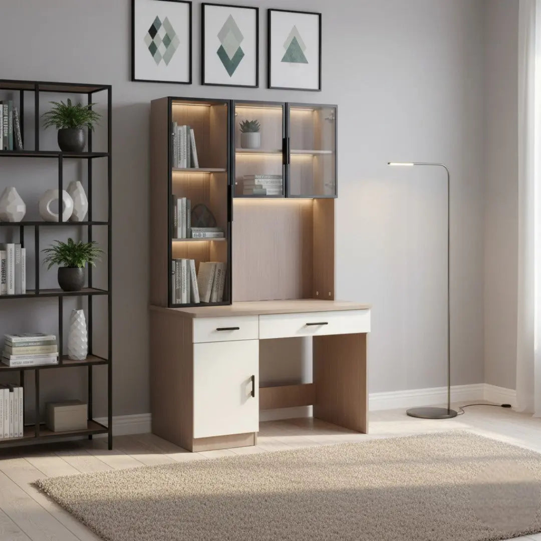 Modern Study Desk with LED Light Sensor | Computer Workstation with Glass Display Cabinets & Storage Grandeur Furnishings