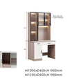 Beige study desk with illuminated cabinet, drawer inset and dimensions