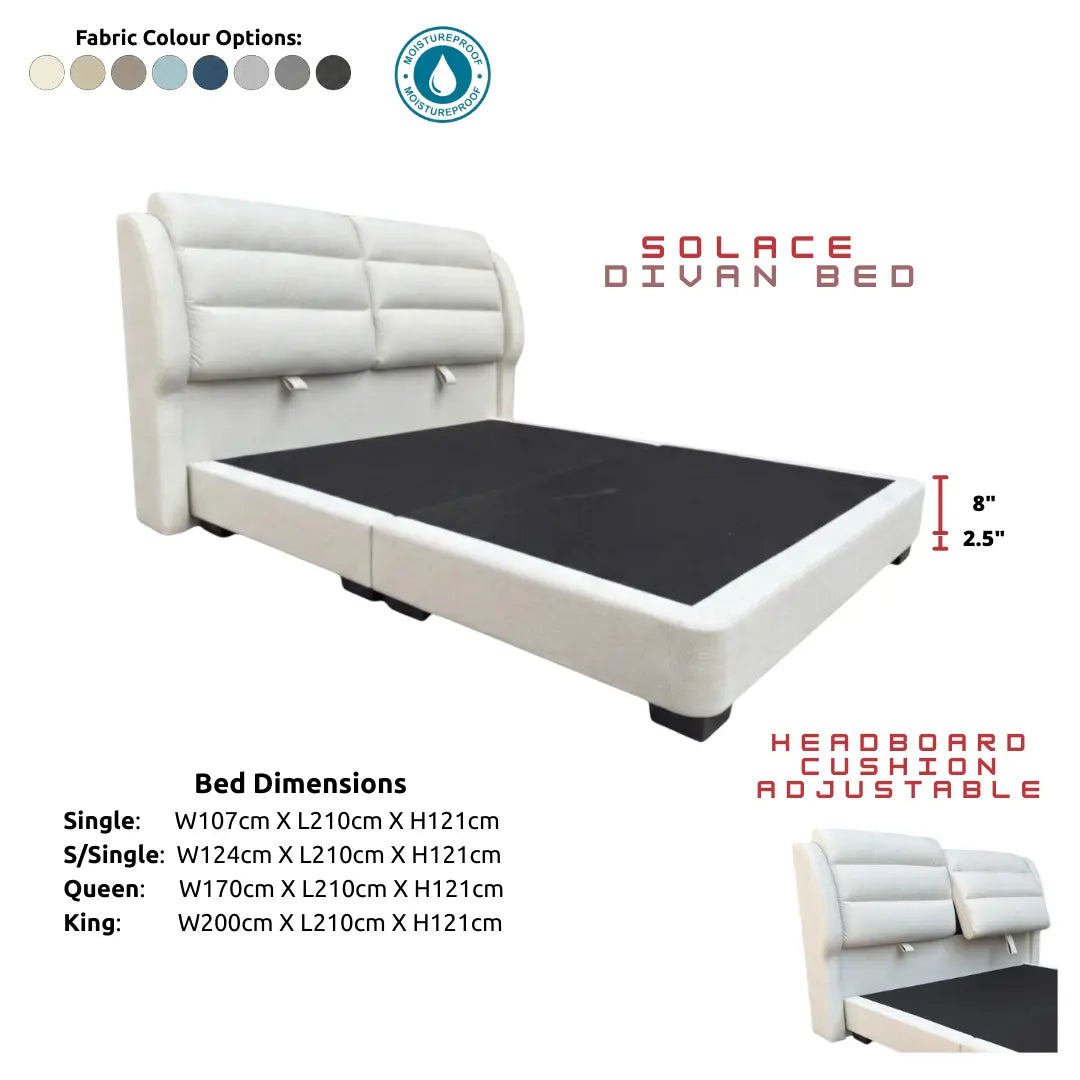 Solace Adjustable Cushion Divan Bed - Moisture Proof Fabric Grandeur Furnishings