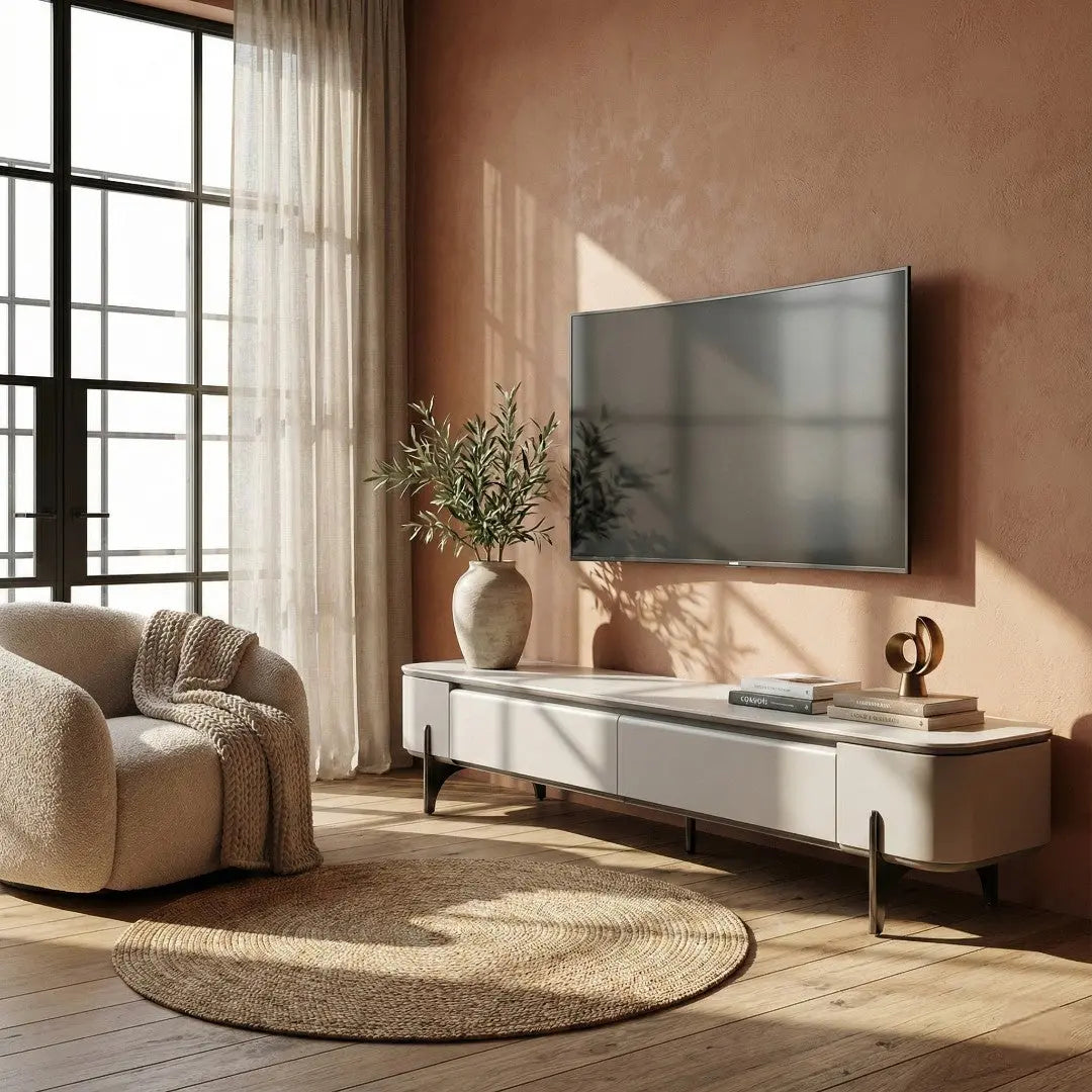 Pristine Contemporary TV Console with Sintered Stone Top – Elevated Media Console with 16cm High Metal Legs Grandeur Furnishings