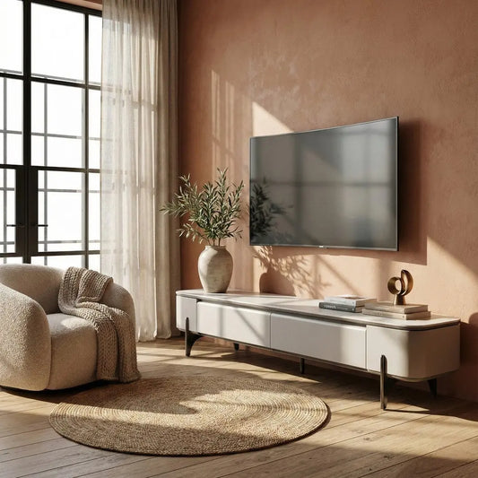 Pristine Contemporary TV Console with Sintered Stone Top – Elevated Media Console with 16cm High Metal Legs Grandeur Furnishings