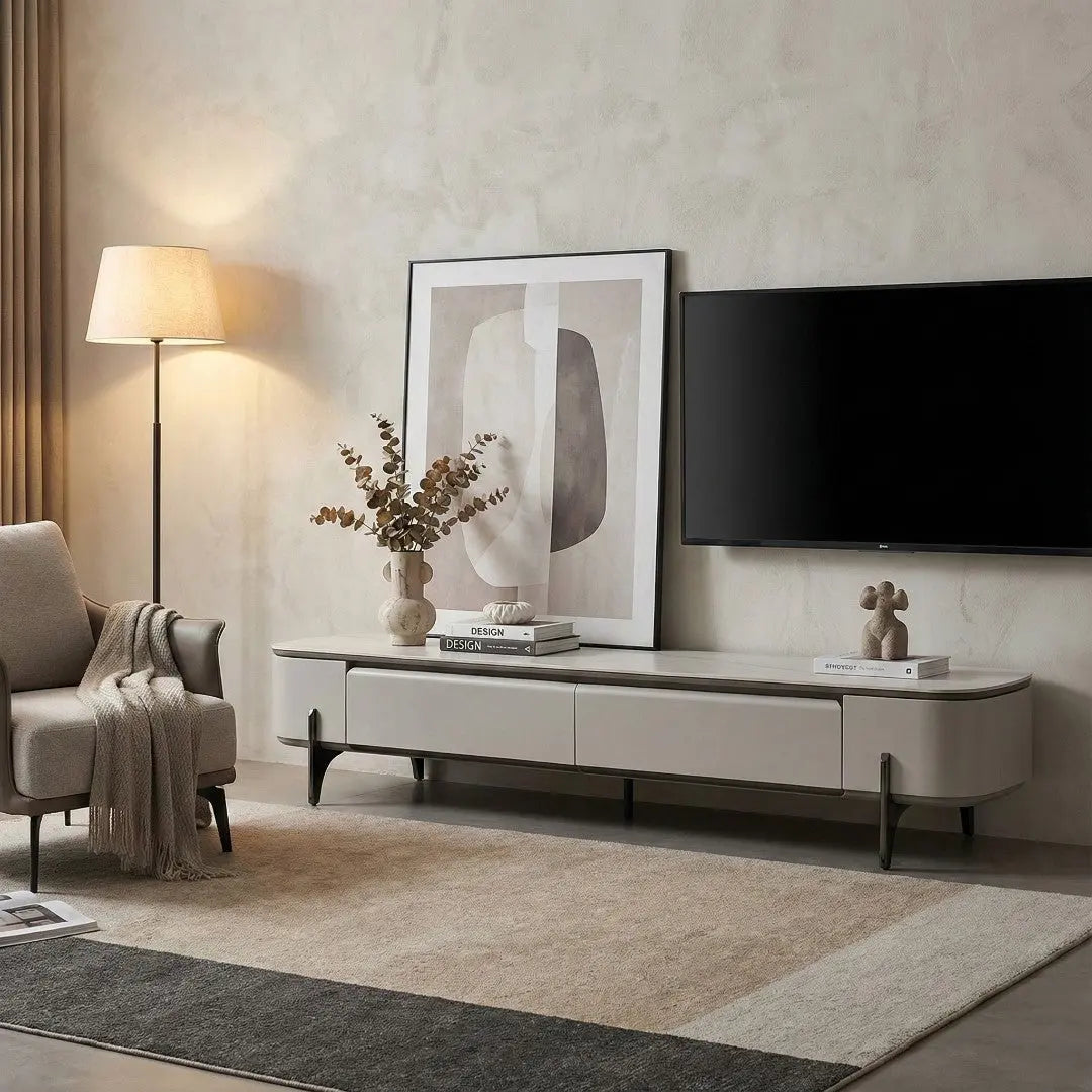 Pristine Contemporary TV Console with Sintered Stone Top – Elevated Media Console with 16cm High Metal Legs Grandeur Furnishings
