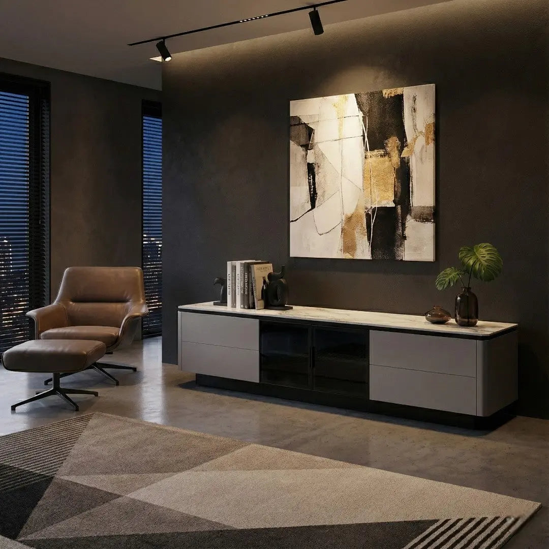 Astrid Luxury TV Console - Sintered Stone Top with Glass Doors | Remote-Friendly Media Cabinet Grandeur Furnishings