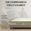 Diamond Plus mattress beside a mattress comparison panel and a person holding their lower back