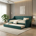 Teal Lunero daybed with lower trundle extended in a bedroom